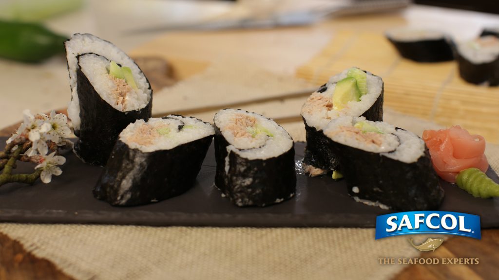 Tuna and avocado sushi hand rolls