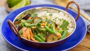 Picture of Salmon bean eggplant green curry