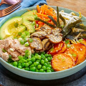 Tuna sweet potato avocado poke bowl