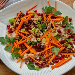 Miso tuna lentil pomegranate salad